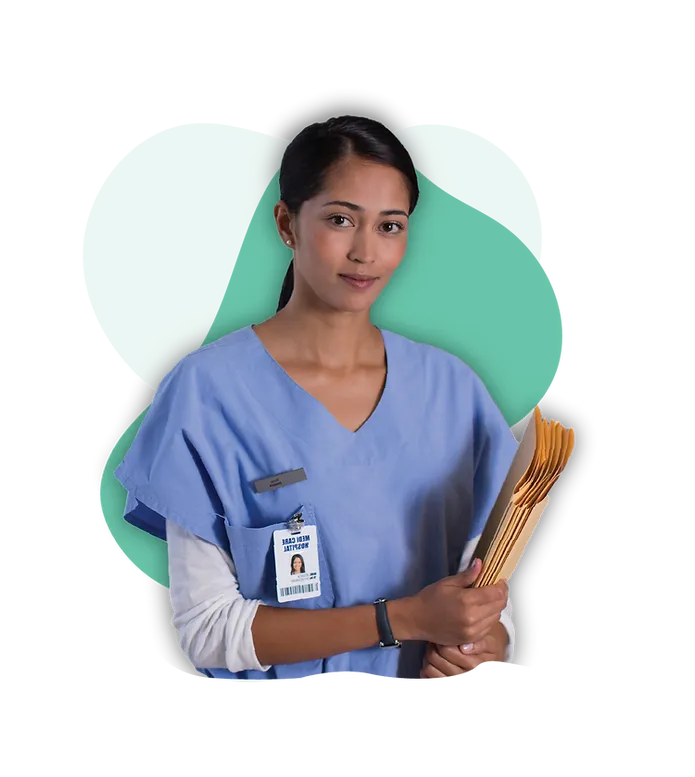 Female healthcare professional in blue scrubs