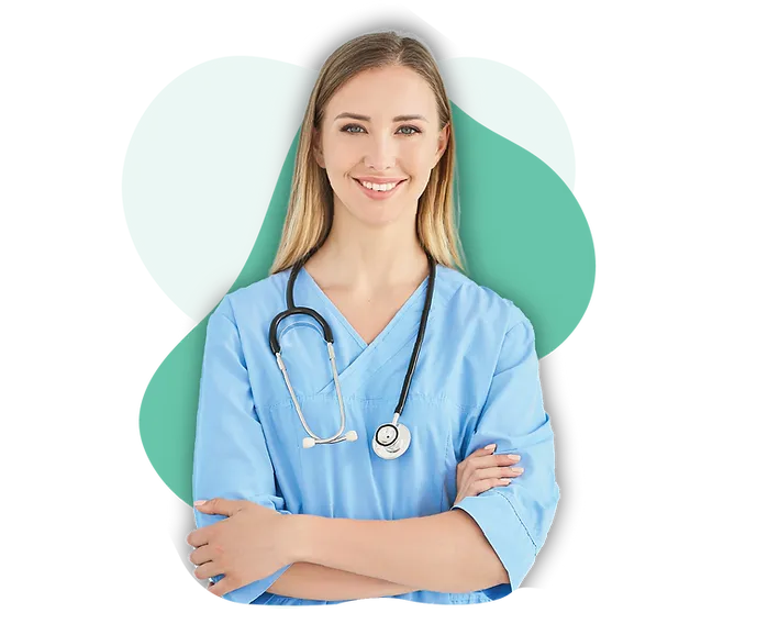EKG technician in blue scrubs