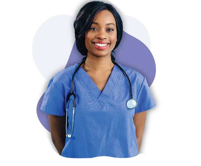 Pharmacy technician in blue scrubs